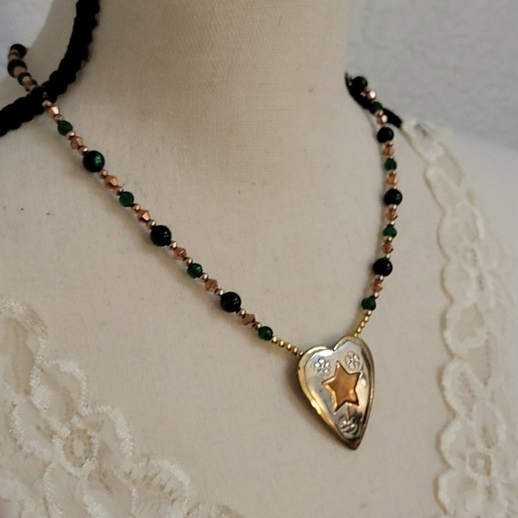 HANDMADE Tiger Eye Metal Copper Brass Heart Pendant Beaded Necklace - Picture 2 of 6